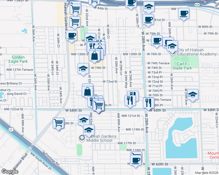 map of restaurants, bars, coffee shops, grocery stores, and more near 7109 West 30th Court in Hialeah