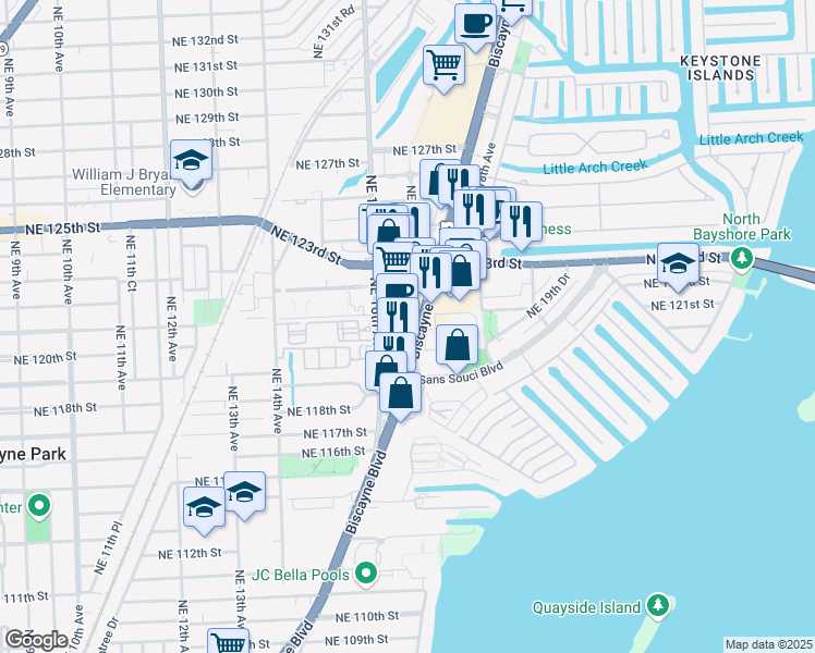 map of restaurants, bars, coffee shops, grocery stores, and more near 1190 Northeast 121st Street in North Miami