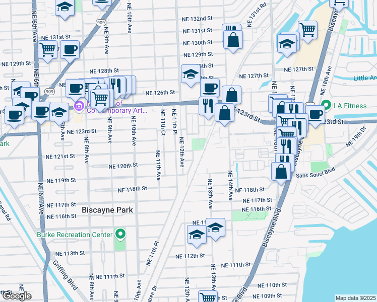 map of restaurants, bars, coffee shops, grocery stores, and more near 1232 Northeast 121st Street in Biscayne Park