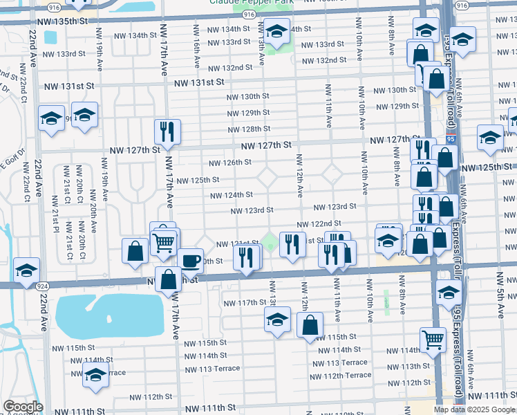 map of restaurants, bars, coffee shops, grocery stores, and more near 1325 Northwest 123rd Street in North Miami