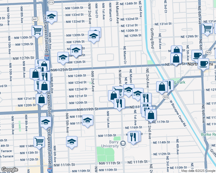 map of restaurants, bars, coffee shops, grocery stores, and more near 80 Northwest 122nd Street in North Miami