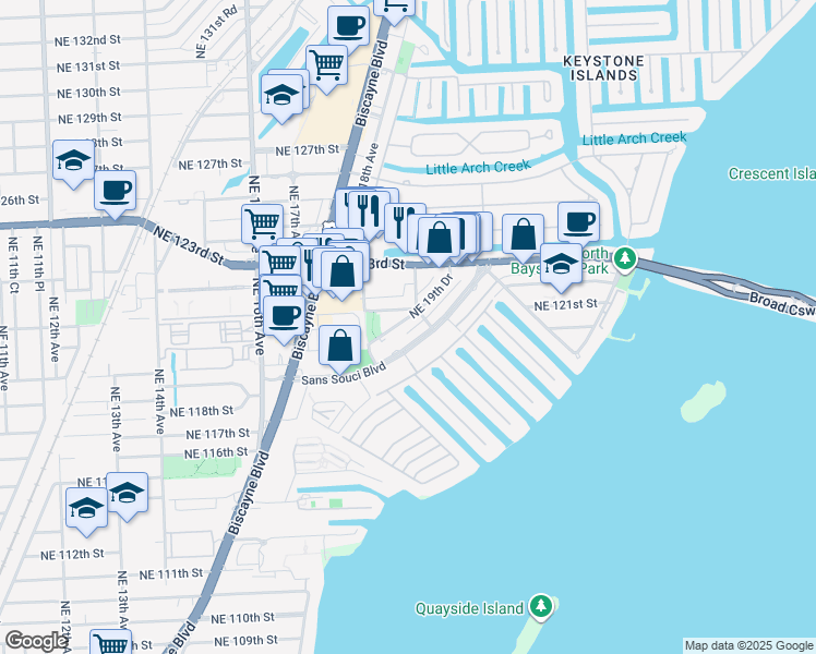 map of restaurants, bars, coffee shops, grocery stores, and more near 23 Northeast 19th Drive in North Miami