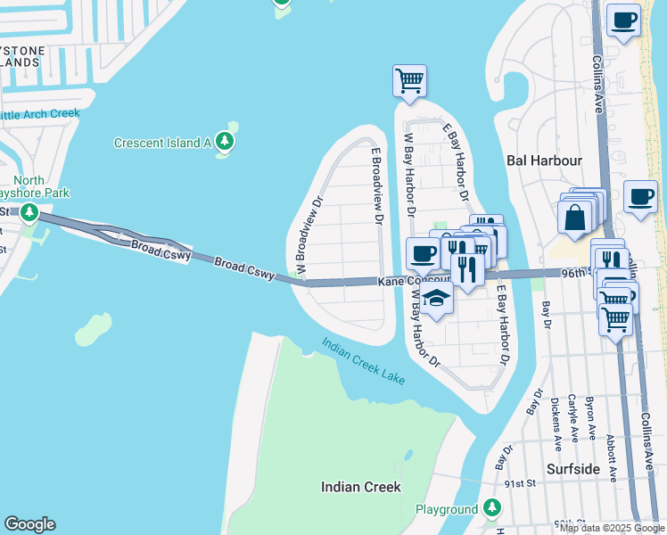 map of restaurants, bars, coffee shops, grocery stores, and more near 1310 97th Street in Bay Harbor Islands