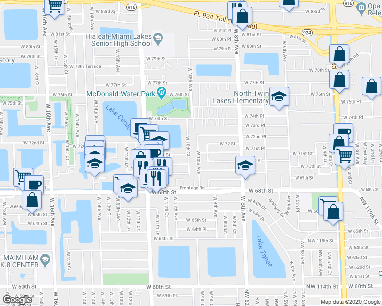 map of restaurants, bars, coffee shops, grocery stores, and more near 7107 West 10th Court in Hialeah