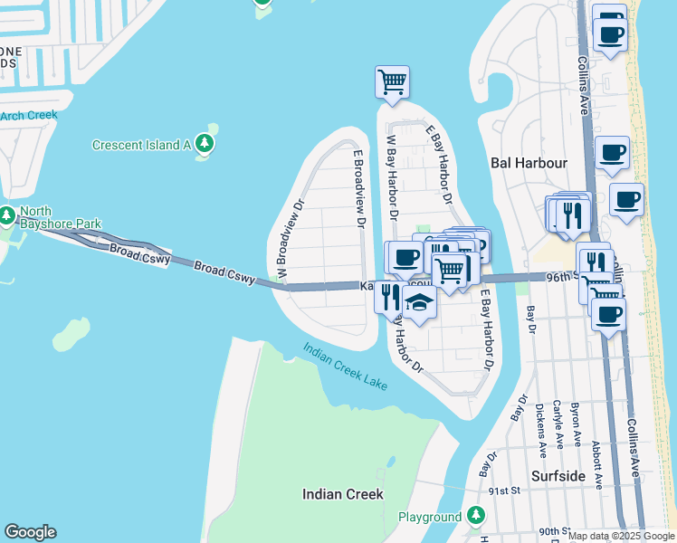 map of restaurants, bars, coffee shops, grocery stores, and more near 1260 97th Street in Bay Harbor Islands