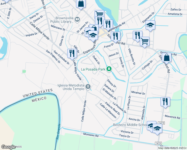 map of restaurants, bars, coffee shops, grocery stores, and more near 1415 Fiesta Drive in Brownsville