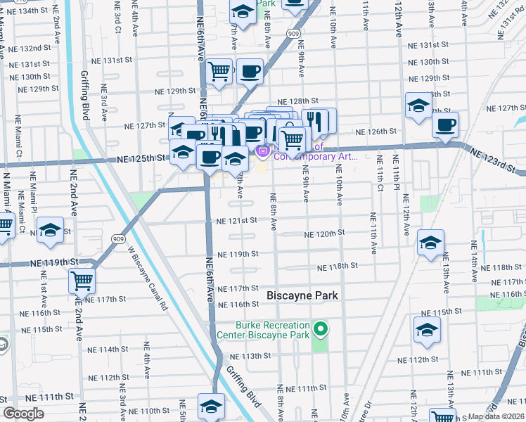 map of restaurants, bars, coffee shops, grocery stores, and more near 797 Northeast 121st Street in North Miami