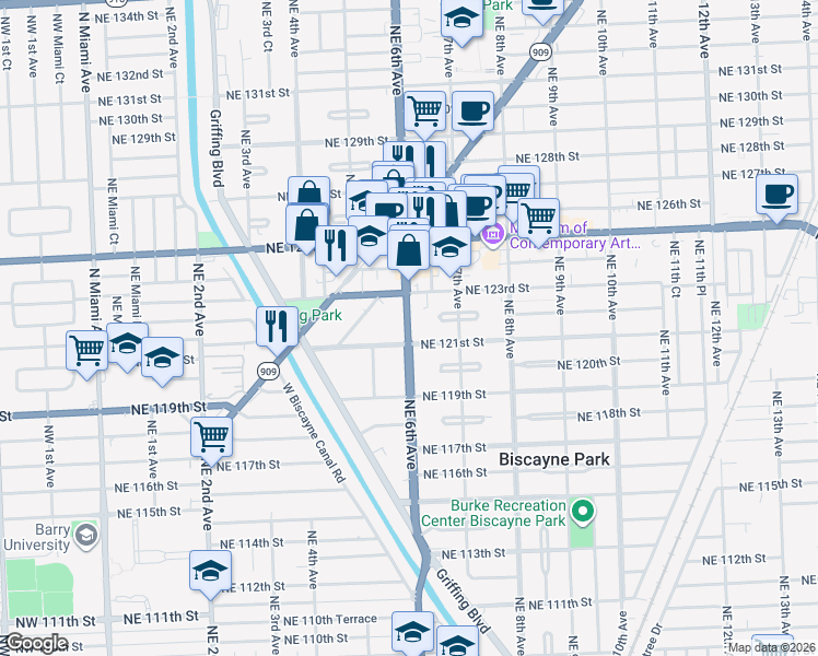 map of restaurants, bars, coffee shops, grocery stores, and more near 579 Northeast 121st Street in North Miami