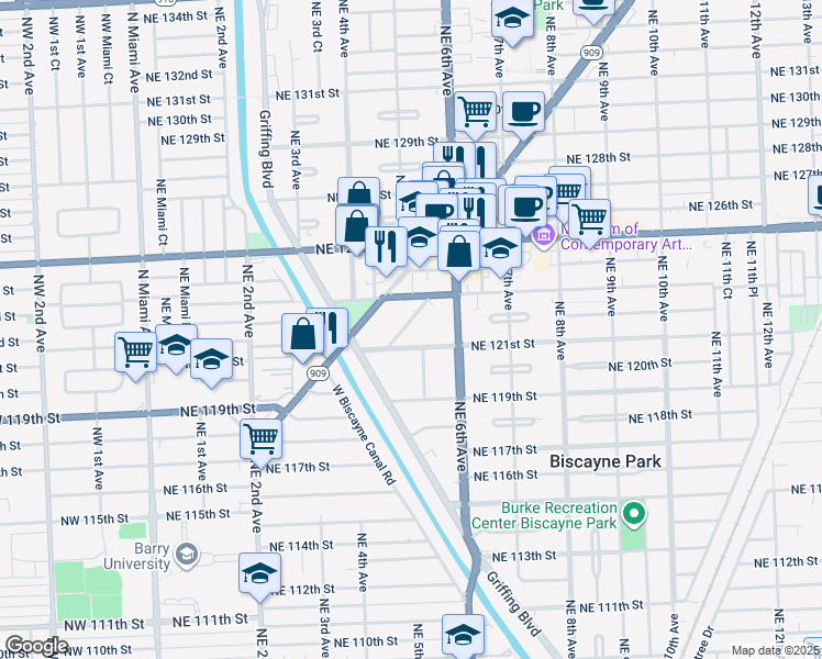 map of restaurants, bars, coffee shops, grocery stores, and more near in North Miami