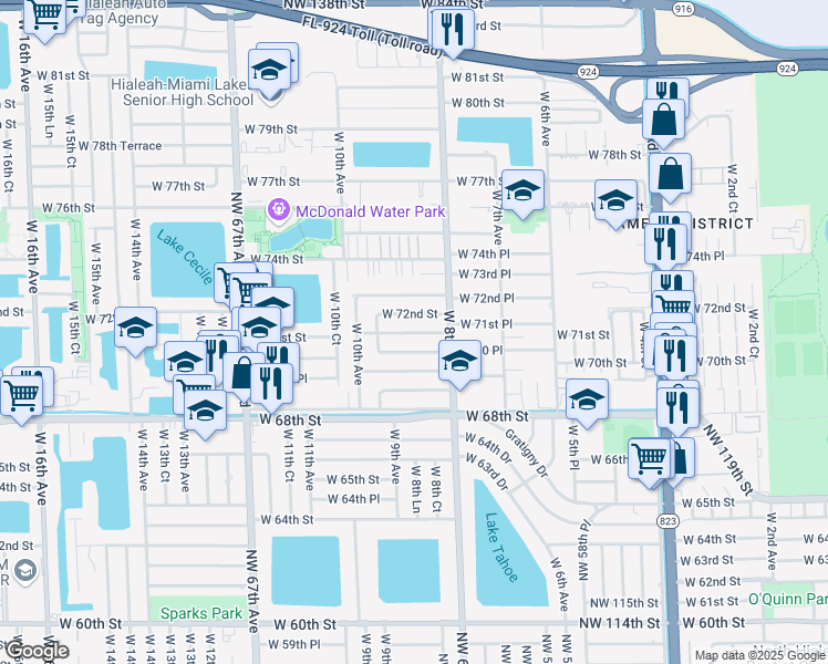 map of restaurants, bars, coffee shops, grocery stores, and more near 864 West 71st Street in Hialeah