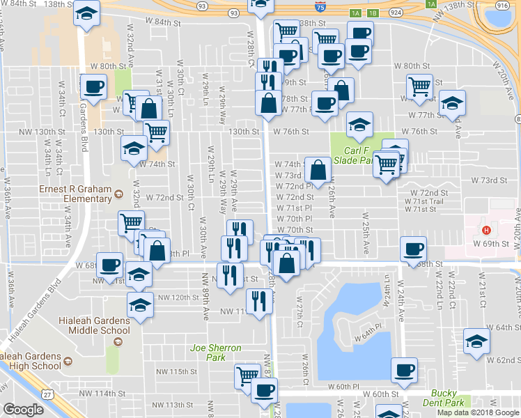 map of restaurants, bars, coffee shops, grocery stores, and more near 2833 West 71st Street in Hialeah