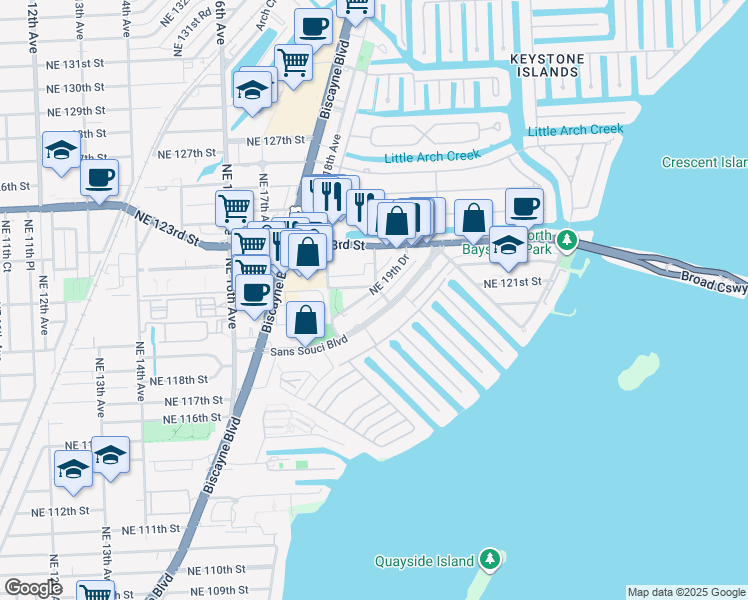 map of restaurants, bars, coffee shops, grocery stores, and more near 23 Northeast 19th Drive in North Miami