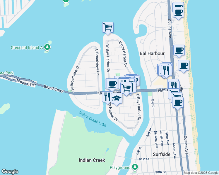 map of restaurants, bars, coffee shops, grocery stores, and more near 1177 Kane Concourse in Bay Harbor Islands