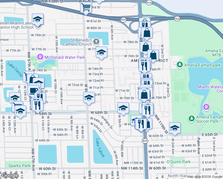 map of restaurants, bars, coffee shops, grocery stores, and more near 655 West 70 Place in Hialeah