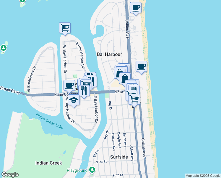 map of restaurants, bars, coffee shops, grocery stores, and more near 655 96th Street in Surfside