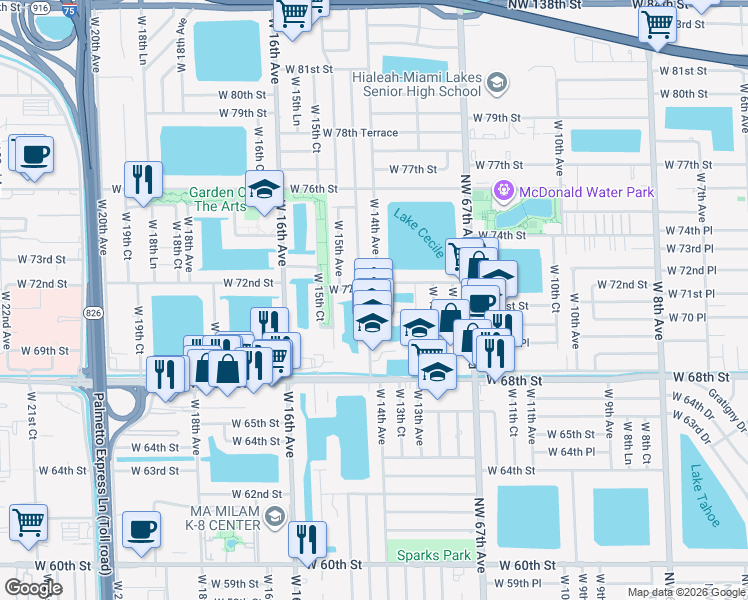 map of restaurants, bars, coffee shops, grocery stores, and more near 7091 West 14th Court in Hialeah