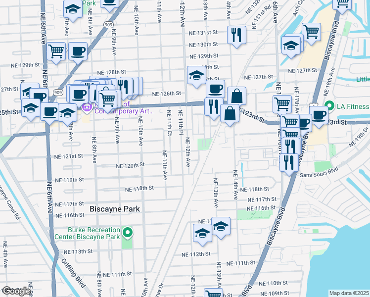 map of restaurants, bars, coffee shops, grocery stores, and more near 1140 Northeast 121st Street in Biscayne Park