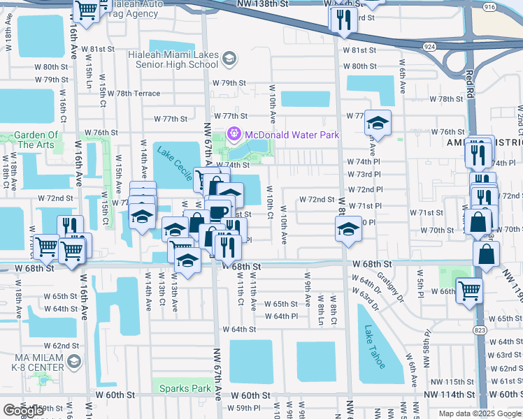 map of restaurants, bars, coffee shops, grocery stores, and more near 1055 West 71st Street in Hialeah