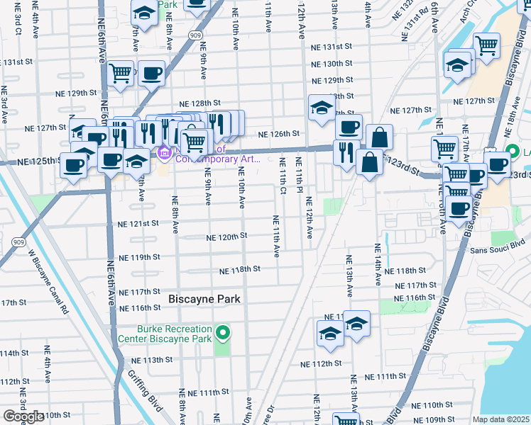 map of restaurants, bars, coffee shops, grocery stores, and more near 1070 Northeast 121st Street in Biscayne Park