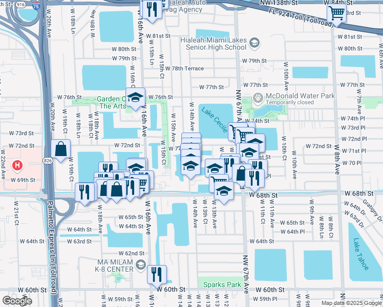map of restaurants, bars, coffee shops, grocery stores, and more near 7091 West 14th Court in Hialeah