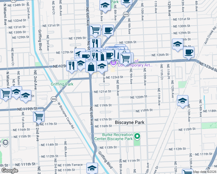 map of restaurants, bars, coffee shops, grocery stores, and more near 721 Northeast 121st Street in North Miami