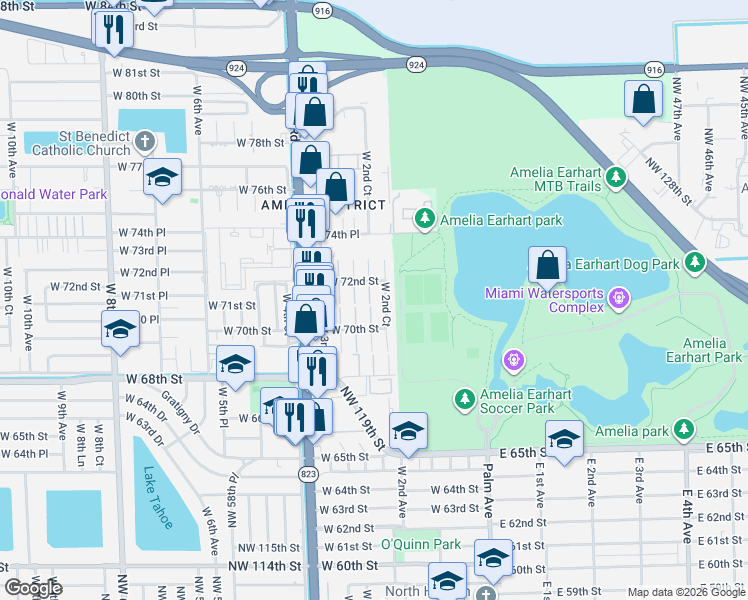 map of restaurants, bars, coffee shops, grocery stores, and more near 7115 West 2nd Way in Hialeah