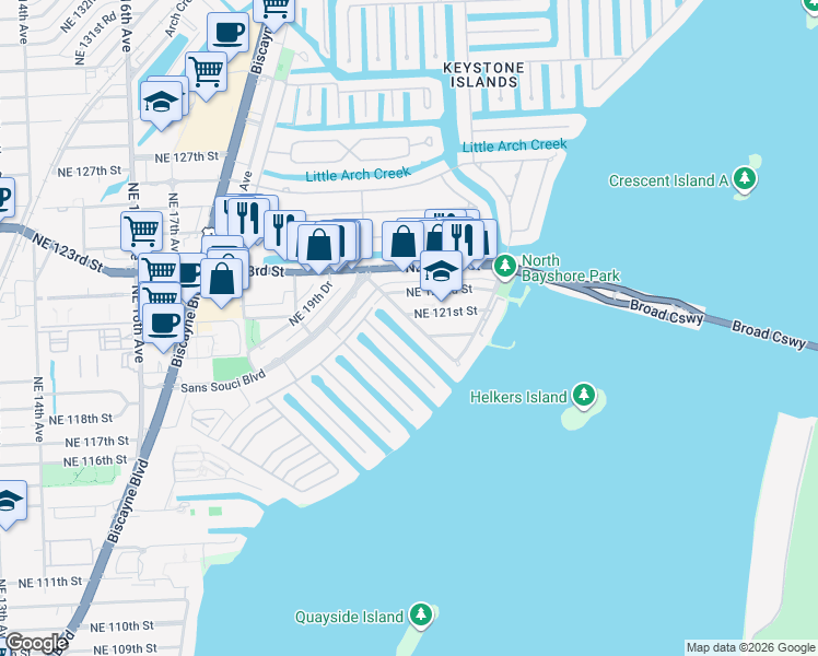 map of restaurants, bars, coffee shops, grocery stores, and more near 2138 Northeast 122nd Road in North Miami