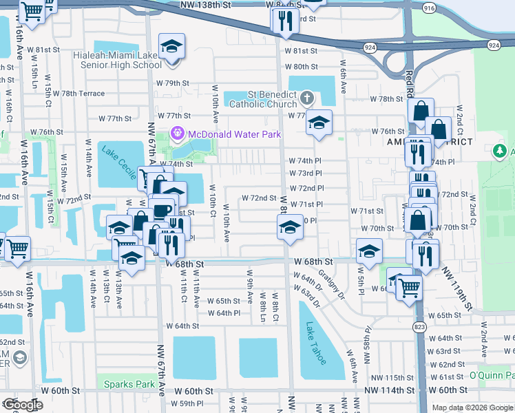 map of restaurants, bars, coffee shops, grocery stores, and more near 864 West 71st Street in Hialeah