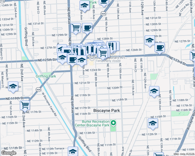 map of restaurants, bars, coffee shops, grocery stores, and more near 797 Northeast 121st Street in North Miami