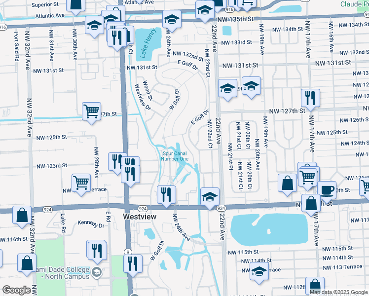 map of restaurants, bars, coffee shops, grocery stores, and more near 12441 East Golf Drive in Miami