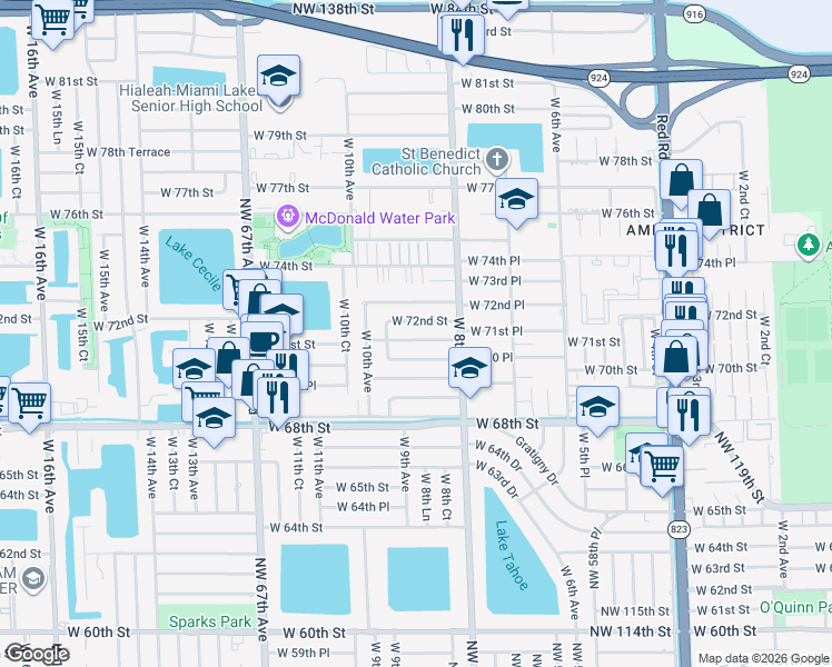 map of restaurants, bars, coffee shops, grocery stores, and more near 864 West 71st Street in Hialeah
