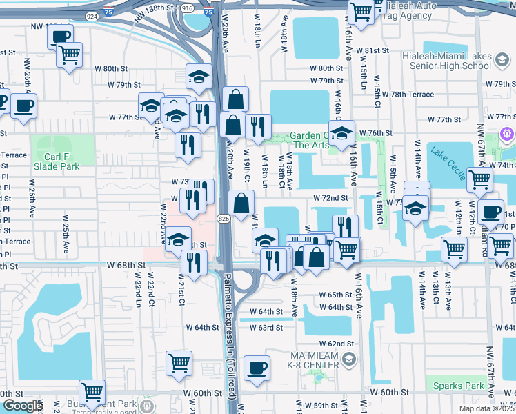 map of restaurants, bars, coffee shops, grocery stores, and more near 7105 West 19th Court in Hialeah