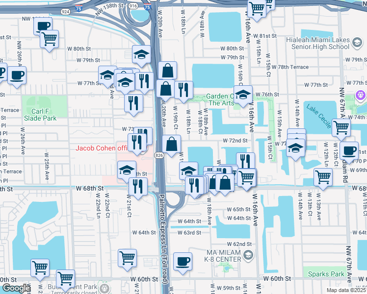 map of restaurants, bars, coffee shops, grocery stores, and more near 7105 West 19th Court in Hialeah