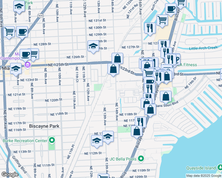 map of restaurants, bars, coffee shops, grocery stores, and more near 12050 Northeast 14th Avenue in North Miami
