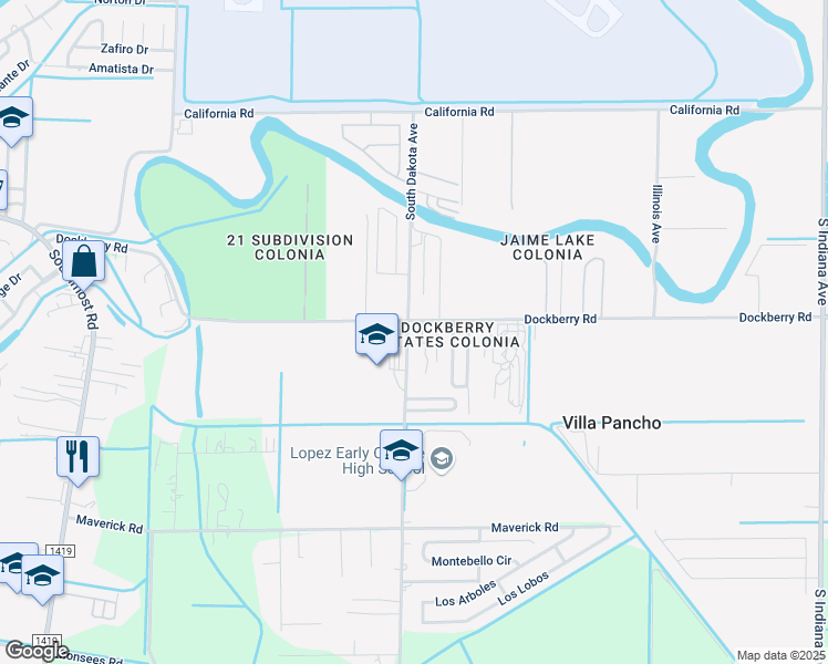 map of restaurants, bars, coffee shops, grocery stores, and more near 2701 South Dakota Avenue in Brownsville