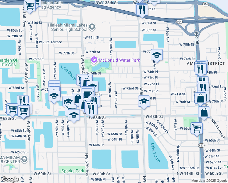 map of restaurants, bars, coffee shops, grocery stores, and more near 7107 West 10th Court in Hialeah