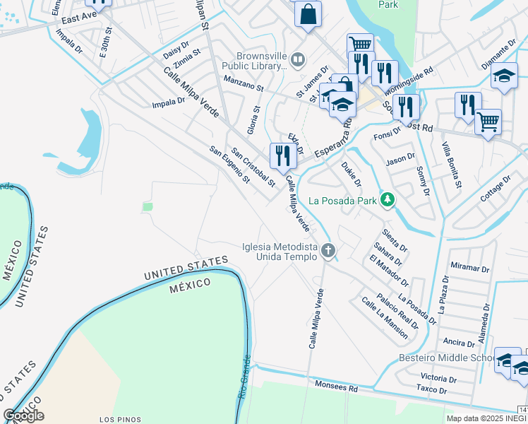 map of restaurants, bars, coffee shops, grocery stores, and more near 683 Santa Cruz Court in Brownsville