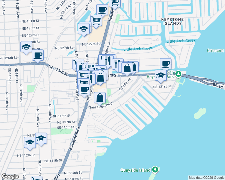 map of restaurants, bars, coffee shops, grocery stores, and more near 18 Northeast 19th Drive in North Miami