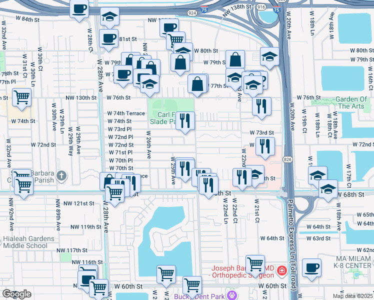 map of restaurants, bars, coffee shops, grocery stores, and more near 2442 West 71st Place in Hialeah