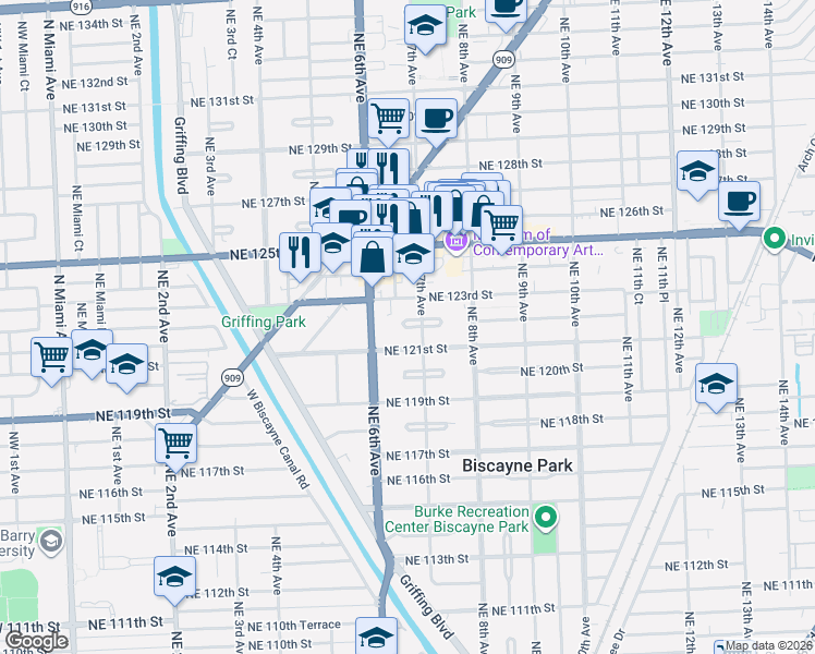 map of restaurants, bars, coffee shops, grocery stores, and more near 645 Northeast 121st Street in North Miami