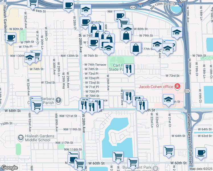 map of restaurants, bars, coffee shops, grocery stores, and more near 2589 West 70th Place in Hialeah