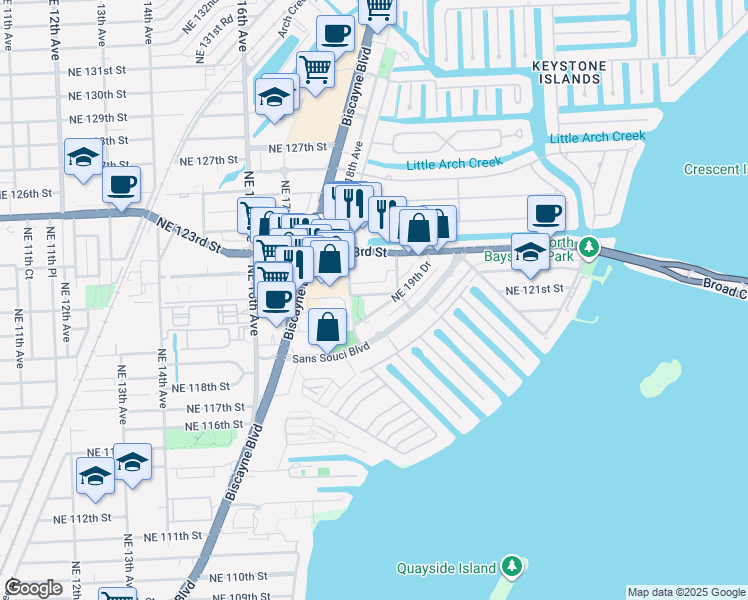 map of restaurants, bars, coffee shops, grocery stores, and more near 18 Northeast 19th Drive in North Miami