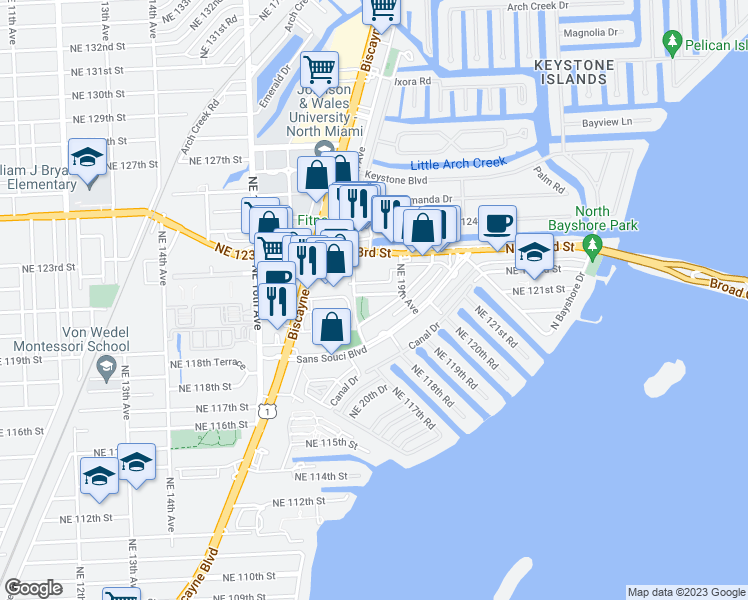 map of restaurants, bars, coffee shops, grocery stores, and more near 18 Northeast 19th Drive in North Miami