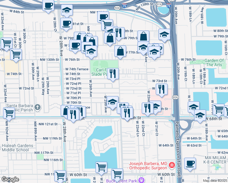 map of restaurants, bars, coffee shops, grocery stores, and more near 2442 West 71st Place in Hialeah