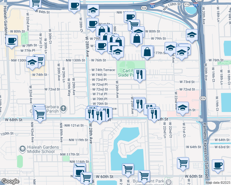 map of restaurants, bars, coffee shops, grocery stores, and more near 2589 West 70th Place in Hialeah