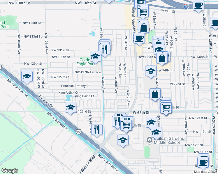 map of restaurants, bars, coffee shops, grocery stores, and more near 3558 West 71 Terrace in Hialeah