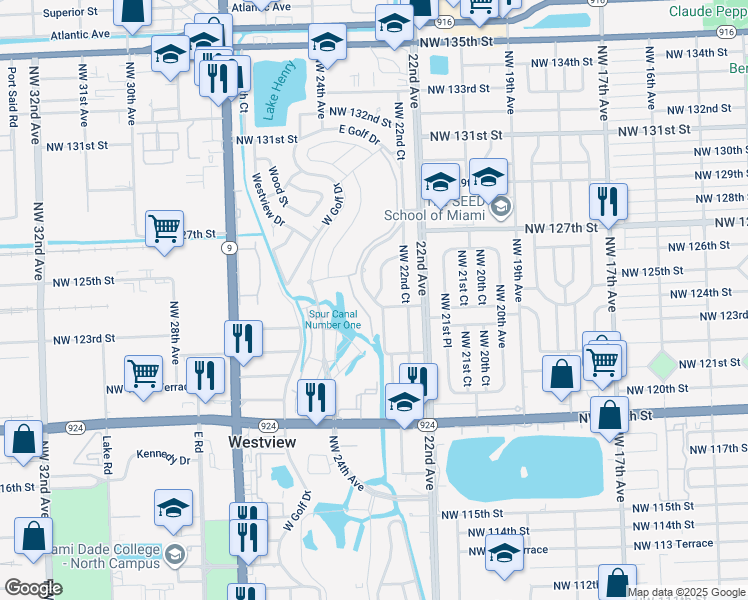 map of restaurants, bars, coffee shops, grocery stores, and more near 12198 East Golf Drive in Miami