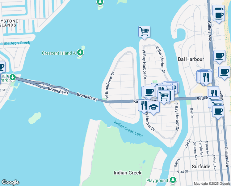 map of restaurants, bars, coffee shops, grocery stores, and more near in Bay Harbor Islands