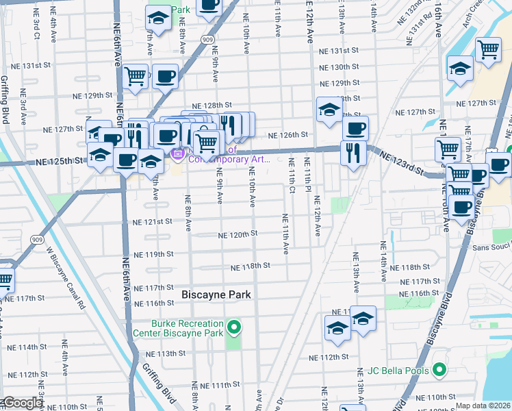 map of restaurants, bars, coffee shops, grocery stores, and more near 12115 Northeast 10th Avenue in North Miami