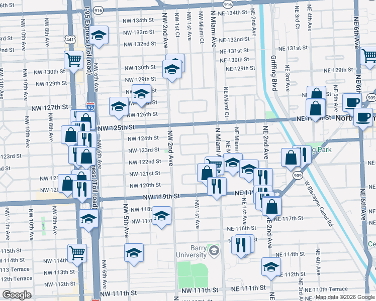 map of restaurants, bars, coffee shops, grocery stores, and more near 80 Northwest 122nd Street in North Miami